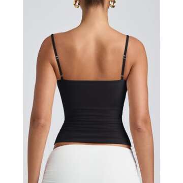 PINKMSTYLE Women's Basic Double Lined Scoop Neck Tank Tops Adjustable Cami Tank Summer Sleeveless Tops Black Medium