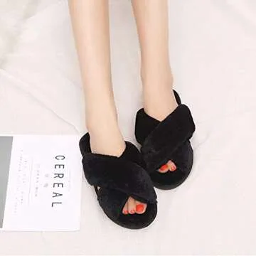 HUMIWA Black Cross Slippers Fuzzy Fluffy Faux Fur House SPA Cute Open Toe Slippers for Women Girl/Women7-7.5 Men6-6.5