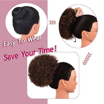 rosmile Afro Puff Drawstring Ponytail Extension for Black Women, Premium Medium Brown #4 80 Gram Short Synthetic Afro Puff Ponytail for Natural Hair, Clip On Kinky Drawstring Curly Ponytail Bun