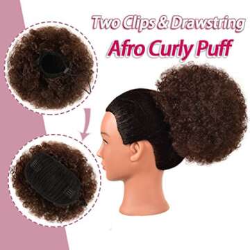 rosmile Afro Puff Drawstring Ponytail Extension for Black Women, Premium Medium Brown #4 80 Gram Short Synthetic Afro Puff Ponytail for Natural Hair, Clip On Kinky Drawstring Curly Ponytail Bun