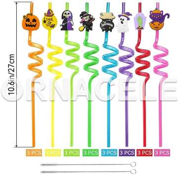 24PCS Halloween Reusable Drinking Straws, Grave Ghost Cats Pumpkin Witch Spider Pattern Party Favors...