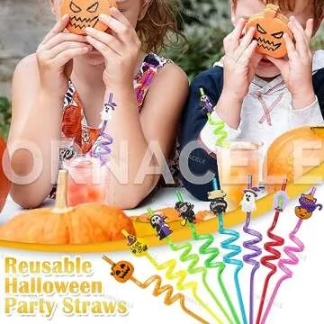 24PCS Halloween Reusable Drinking Straws, Grave Ghost Cats Pumpkin Witch Spider Pattern Party Favors Goodie Gifts for Kids Halloween Party Supplies