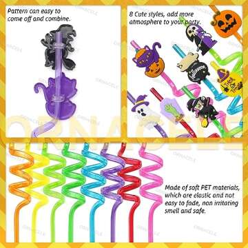 24PCS Halloween Reusable Drinking Straws, Grave Ghost Cats Pumpkin Witch Spider Pattern Party Favors Goodie Gifts for Kids Halloween Party Supplies
