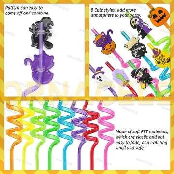 24PCS Halloween Reusable Drinking Straws, Grave Ghost Cats Pumpkin Witch Spider Pattern Party Favors Goodie Gifts for Kids Halloween Party Supplies
