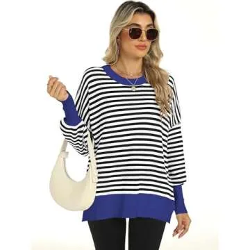 ANRABESS Women Crewneck Batwing Long Sleeve 2024 Fall Oversized Side Slit Ribbed Knit Pullover Sweaters Top Cozy Outfits Black White X-Small