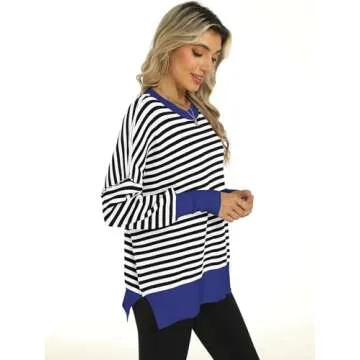 ANRABESS Women Crewneck Batwing Long Sleeve 2024 Fall Oversized Side Slit Ribbed Knit Pullover Sweaters Top Cozy Outfits Black White X-Small