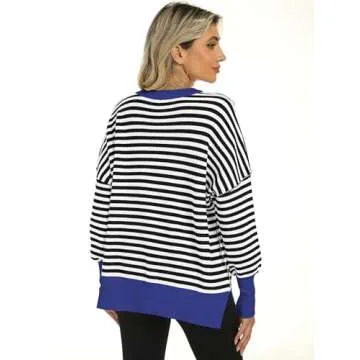 ANRABESS Women Crewneck Batwing Long Sleeve 2024 Fall Oversized Side Slit Ribbed Knit Pullover Sweaters Top Cozy Outfits Black White X-Small