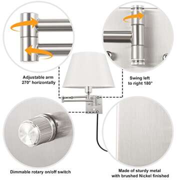 TRLIFE Dimmable Wall Sconce Plug in, Brushed Nickel Wall Sconces Set of Two Swing Arm Wall Lights wi...