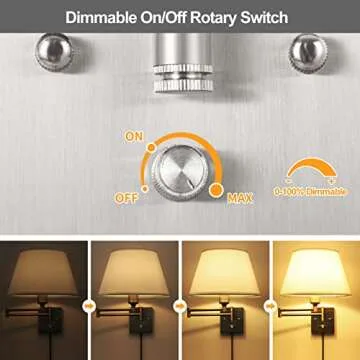 TRLIFE Dimmable Wall Sconce Plug in, Brushed Nickel Wall Sconces Set of Two Swing Arm Wall Lights with Plug in Cord and On/Off Dimmer Rotary Switch, 11.8" Large White Fabric Shade(2 Pack, 2 Bulbs)