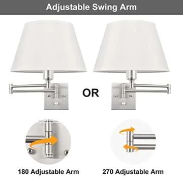 TRLIFE Dimmable Wall Sconce Plug in, Brushed Nickel Wall Sconces Set of Two Swing Arm Wall Lights with Plug in Cord and On/Off Dimmer Rotary Switch, 11.8" Large White Fabric Shade(2 Pack, 2 Bulbs)