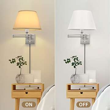 TRLIFE Dimmable Wall Sconce Plug in, Brushed Nickel Wall Sconces Set of Two Swing Arm Wall Lights with Plug in Cord and On/Off Dimmer Rotary Switch, 11.8" Large White Fabric Shade(2 Pack, 2 Bulbs)