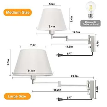 TRLIFE Dimmable Wall Sconce Plug in, Brushed Nickel Wall Sconces Set of Two Swing Arm Wall Lights with Plug in Cord and On/Off Dimmer Rotary Switch, 11.8" Large White Fabric Shade(2 Pack, 2 Bulbs)