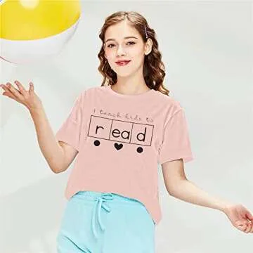 Teacher Shirts Women Reading Book Shirt Love Heart Graphic Tees Cute Teacher Gifts Summer Casual Short Sleeve Tee Tops Pink