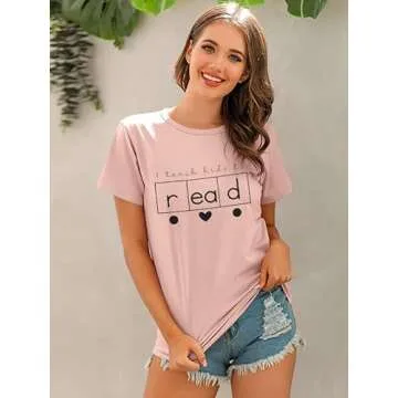 Teacher Shirts Women Reading Book Shirt Love Heart Graphic Tees Cute Teacher Gifts Summer Casual Short Sleeve Tee Tops Pink