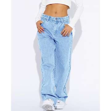 PLNOTME Women's High Waisted Boyfriend Baggy Jeans Straight Leg Casual Denim Pants Light Blue