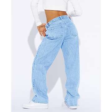 PLNOTME Women's High Waisted Boyfriend Baggy Jeans Straight Leg Casual Denim Pants Light Blue