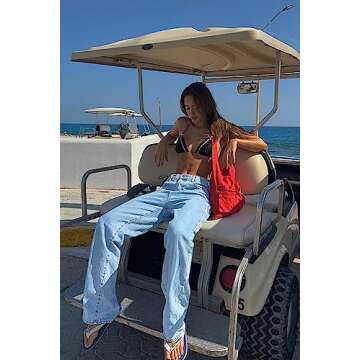 PLNOTME Women's High Waisted Boyfriend Baggy Jeans Straight Leg Casual Denim Pants Light Blue