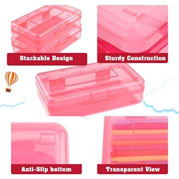 Pencil Box, Large Capacity Clear Pencil Case, 1 Pack Hard Pencil Case, Clear Crayon Box with Snap-tight Lid Stackable Design, Plastic Storage Box for Office Supplies, Pink