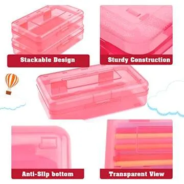 Pencil Box, Large Capacity Clear Pencil Case, 1 Pack Hard Pencil Case, Clear Crayon Box with Snap-tight Lid Stackable Design, Plastic Storage Box for Office Supplies, Pink