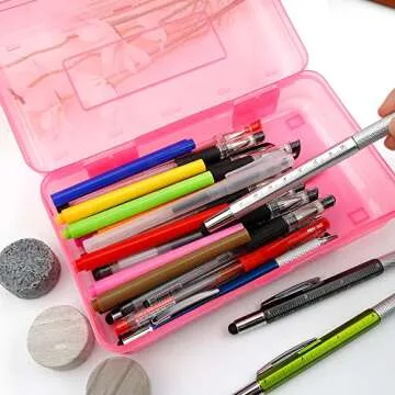 Pencil Box, Large Capacity Clear Pencil Case, 1 Pack Hard Pencil Case, Clear Crayon Box with Snap-tight Lid Stackable Design, Plastic Storage Box for Office Supplies, Pink