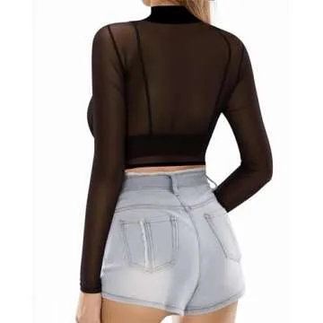 MANGOPOP Women's Short Sleeve Long Sleeve Sheer Mesh Crop Tops Tee Shirt Blouse