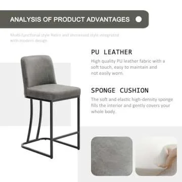 Ugijei Leather Bar Stools Set of 4, 24" Counter Height Barstools with Gold Metal Frame, Gold Bar Chairs for Kitchen Island, Bar, Pub (Grey)