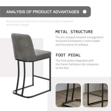 Ugijei Leather Bar Stools Set of 4, 24" Counter Height Barstools with Gold Metal Frame, Gold Bar Chairs for Kitchen Island, Bar, Pub (Grey)