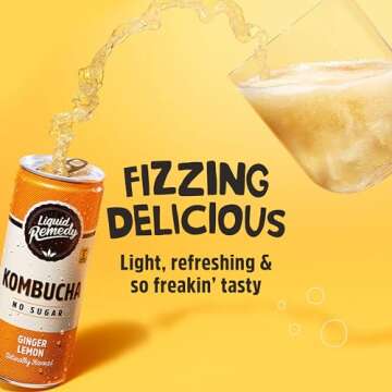 Liquid Remedy Kombucha Sugar Free Organic Drink, Low Calorie, Probiotic Like Tea for Gut Health - Ginger Lemon - 8.5 Fl Oz Can, 12-Pack