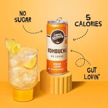 Liquid Remedy Kombucha Sugar Free Organic Drink, Low Calorie, Probiotic Like Tea for Gut Health - Ginger Lemon - 8.5 Fl Oz Can, 12-Pack