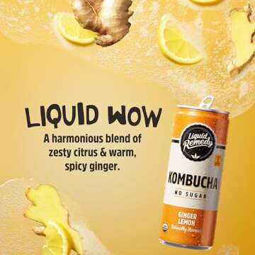 Liquid Remedy Kombucha Sugar Free Organic Drink, Low Calorie, Probiotic Like Tea for Gut Health - Ginger Lemon - 8.5 Fl Oz Can, 12-Pack