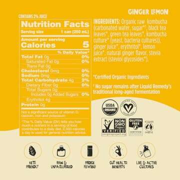 Liquid Remedy Kombucha Sugar Free Organic Drink, Low Calorie, Probiotic Like Tea for Gut Health - Ginger Lemon - 8.5 Fl Oz Can, 12-Pack