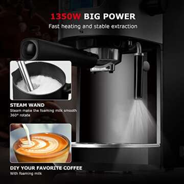 Espresso Machine 20 Bar Coffee Machine with Milk Frother Wand, 1350W High Performance No-Leaking 1.25L Removable Water Tank Coffee Maker For Espresso, Cappuccino, Latte, Machiato, For Home Barista
