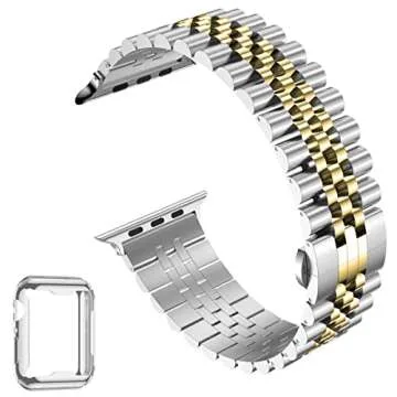 baozai Compatible Apple Watch Bands 46mm 45mm 44mm 42mm 41mm 40mm 38mm, Stainless Steel Band with Screen Protector Case for Apple Watch Series 10/9/8/7/6/5/4/3/2/1/SE, 45mm, Silver/Gold