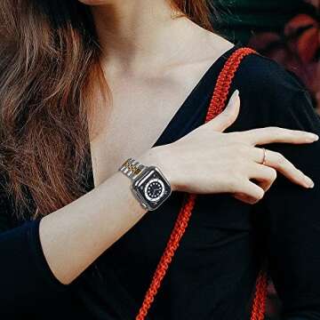 baozai Compatible Apple Watch Bands 46mm 45mm 44mm 42mm 41mm 40mm 38mm, Stainless Steel Band with Screen Protector Case for Apple Watch Series 10/9/8/7/6/5/4/3/2/1/SE, 45mm, Silver/Gold