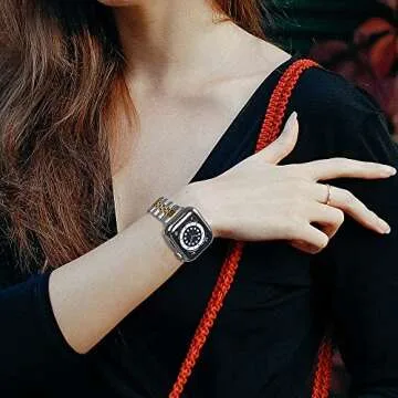 baozai Compatible Apple Watch Bands 46mm 45mm 44mm 42mm 41mm 40mm 38mm, Stainless Steel Band with Screen Protector Case for Apple Watch Series 10/9/8/7/6/5/4/3/2/1/SE, 45mm, Silver/Gold