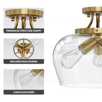 VONLUCE Semi Flush Mount Ceiling Light, 13.8" Ceiling Light Fixture with Clear Glass Shade, E26 Base, 3-Bulb Industrial Ceiling Light for Hallway Entryway Kitchen Bedroom, Brushed Gold