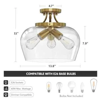 VONLUCE Semi Flush Mount Ceiling Light, 13.8" Ceiling Light Fixture with Clear Glass Shade, E26 Base, 3-Bulb Industrial Ceiling Light for Hallway Entryway Kitchen Bedroom, Brushed Gold