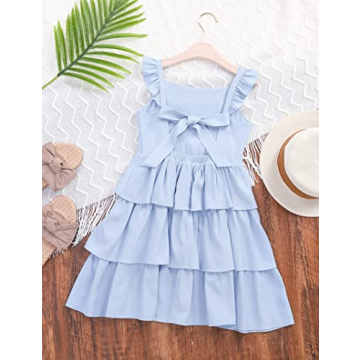 LIONJIE Girls Flutter Sleeve Summer Dress Light Blue