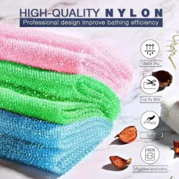 3 Piece Bright Style African exfoliating net Exfoliating Shower Set Long Bath Sponges for Smooth, Refreshed Skin, The Exterior Gleams - Ideal for Daily Use (Bright Pink, Blue, Green)