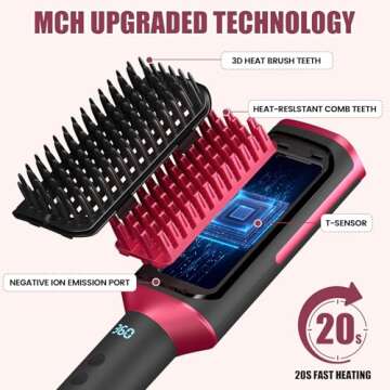 TUIREL Hair Straightener Brush Ionic Hair Straightening Brush Flat Iron for Women with 14 Temps Settings, Anti-Scald Heated Straightening Comb 20s Fast Heating & Dual Voltage for All Hair Types