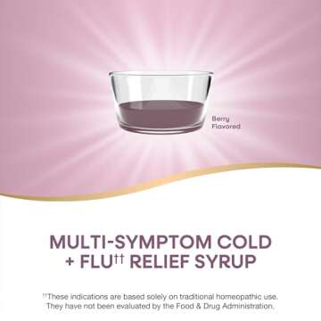 Nature's Way Cold + Flu Relief Syrup**, Umcka, Sore Throat, Cough, Congestion, Fever** , Body Aches**, Phenylephrine Free, Homeopathic, Non-Drowsy, Berry Flavored, 4 Fl Oz (Packaging May Vary)