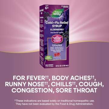 Nature's Way Cold + Flu Relief Syrup**, Umcka, Sore Throat, Cough, Congestion, Fever** , Body Aches**, Phenylephrine Free, Homeopathic, Non-Drowsy, Berry Flavored, 4 Fl Oz (Packaging May Vary)