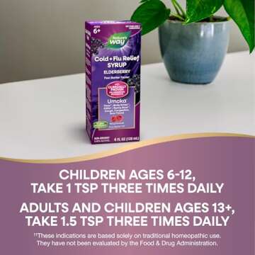 Nature's Way Cold + Flu Relief Syrup**, Umcka, Sore Throat, Cough, Congestion, Fever** , Body Aches**, Phenylephrine Free, Homeopathic, Non-Drowsy, Berry Flavored, 4 Fl Oz (Packaging May Vary)