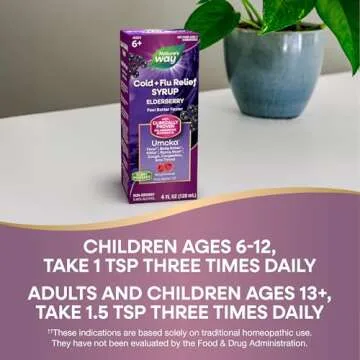 Nature's Way Cold + Flu Relief Syrup**, Umcka, Sore Throat, Cough, Congestion, Fever** , Body Aches**, Phenylephrine Free, Homeopathic, Non-Drowsy, Berry Flavored, 4 Fl Oz (Packaging May Vary)