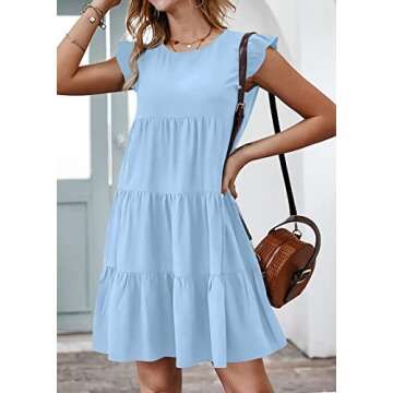 KIRUNDO Summer Dresses for Women 2025 Casual Sleeveless Ruffle Sleeve Round Neck Loose Short Flowy Pleated Mini Babydoll Graduation Dress (Light Blue, Medium)