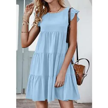 KIRUNDO Summer Dresses for Women 2025 Casual Sleeveless Ruffle Sleeve Round Neck Loose Short Flowy Pleated Mini Babydoll Graduation Dress (Light Blue, Medium)