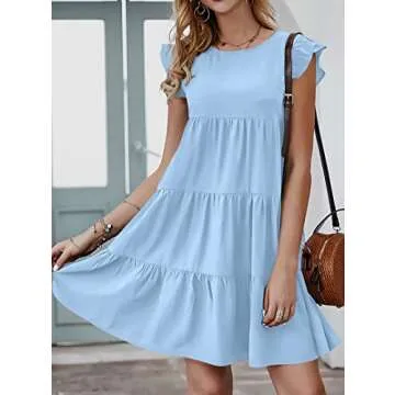 KIRUNDO Summer Dresses for Women 2025 Casual Sleeveless Ruffle Sleeve Round Neck Loose Short Flowy Pleated Mini Babydoll Graduation Dress (Light Blue, Medium)