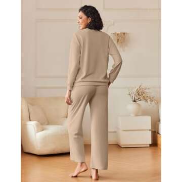 Ekouaer Pajamas for Women 2 Piece Lounge Set Long Sleeve Sleepwear Comfy Fuzzy Pjs Crew Neck Nightwear with Poeckts Khaki,Medium