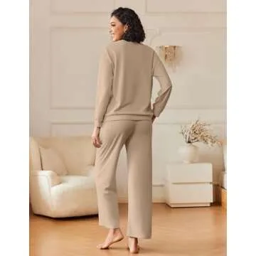 Ekouaer Pajamas for Women 2 Piece Lounge Set Long Sleeve Sleepwear Comfy Fuzzy Pjs Crew Neck Nightwear with Poeckts Khaki,Medium