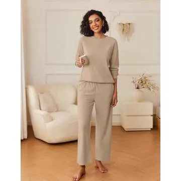 Ekouaer Pajamas for Women 2 Piece Lounge Set Long Sleeve Sleepwear Comfy Fuzzy Pjs Crew Neck Nightwear with Poeckts Khaki,Medium